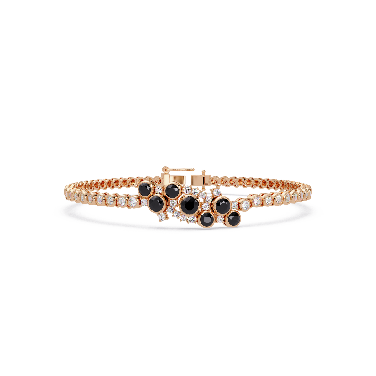 Round colorstone cluster and pavé link bracelet in rose gold with onyx stones