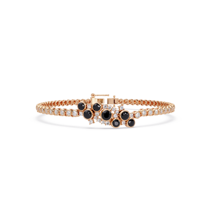 Round colorstone cluster and pavé link bracelet in rose gold with onyx stones