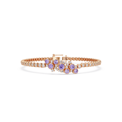 Round colorstone cluster and pavé link bracelet in rose gold with purple stones