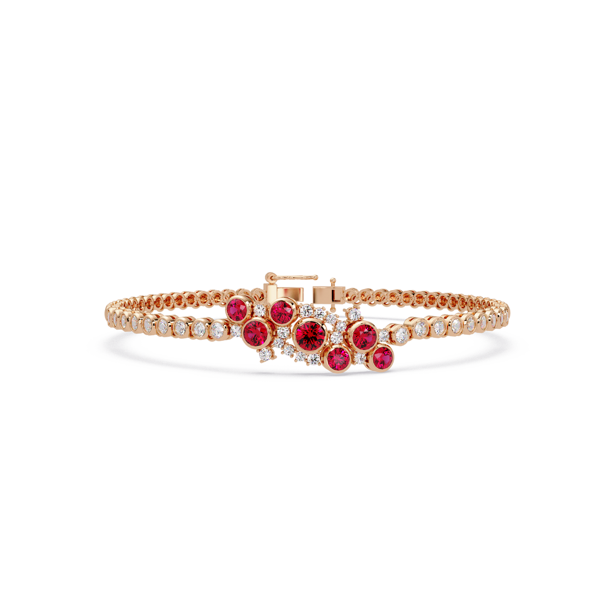 Round colorstone cluster and pavé link bracelet in rose gold with red stones