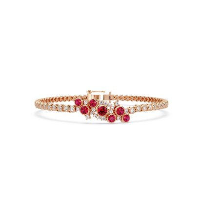 Round colorstone cluster and pavé link bracelet in rose gold with red stones
