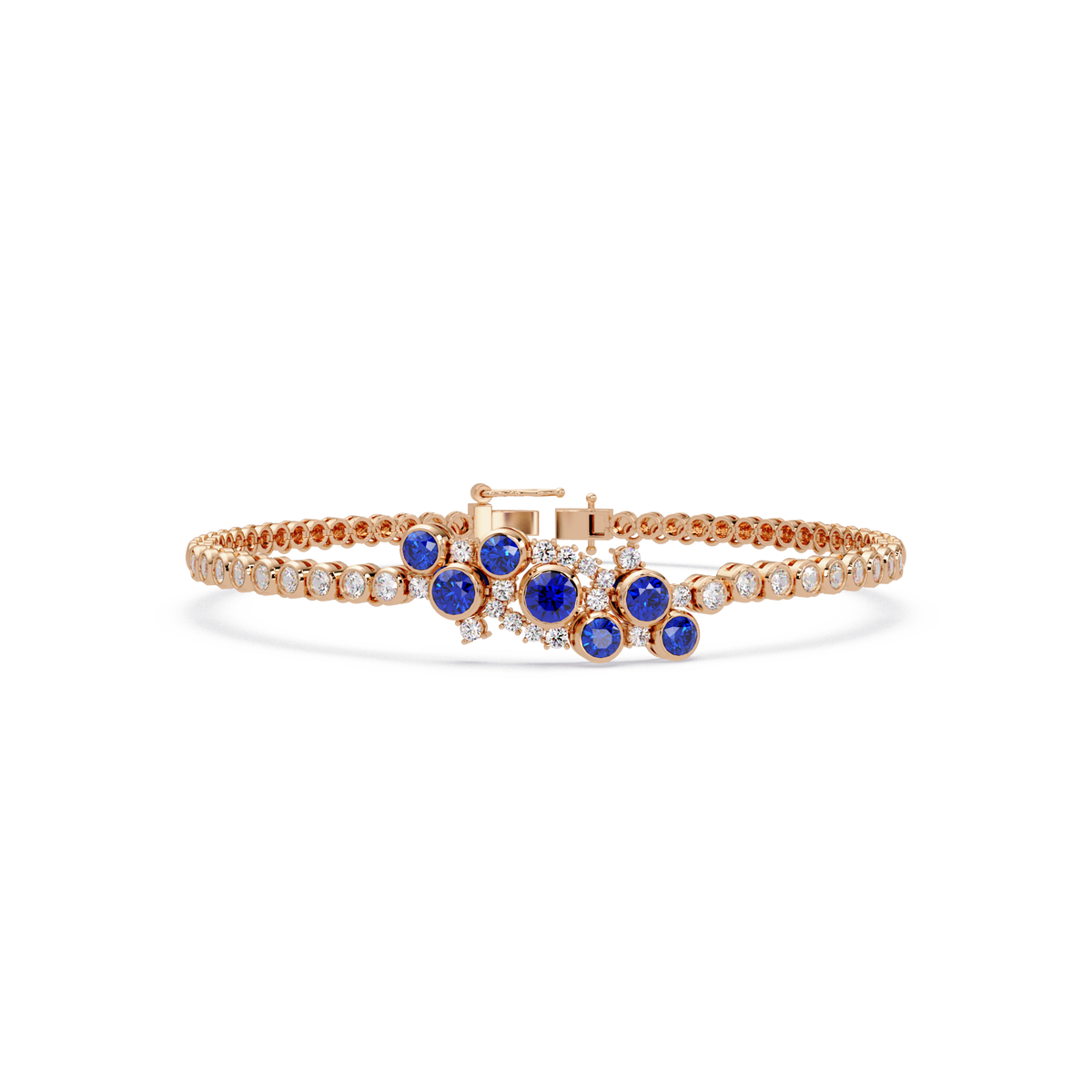 Round colorstone cluster and pavé link bracelet in rose gold with sapphire stones