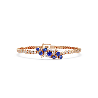 Round colorstone cluster and pavé link bracelet in rose gold with sapphire stones