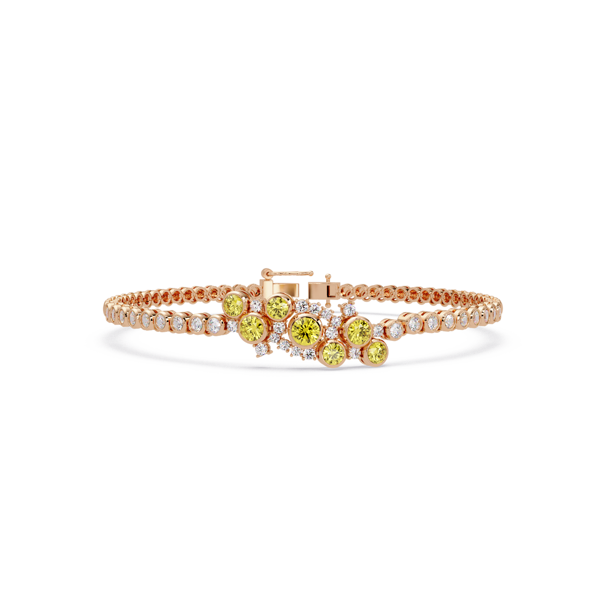 Round colorstone cluster and pavé link bracelet in rose gold with yellow stones