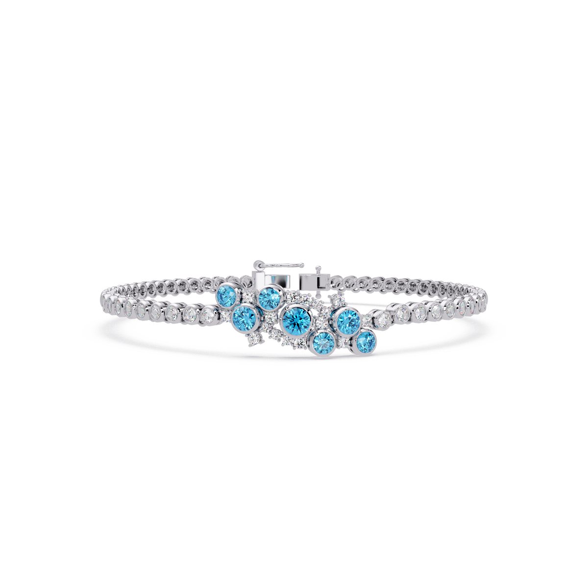 Round colorstone cluster and pavé link bracelet in white gold with aquamarine stones