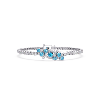 Round colorstone cluster and pavé link bracelet in white gold with aquamarine stones