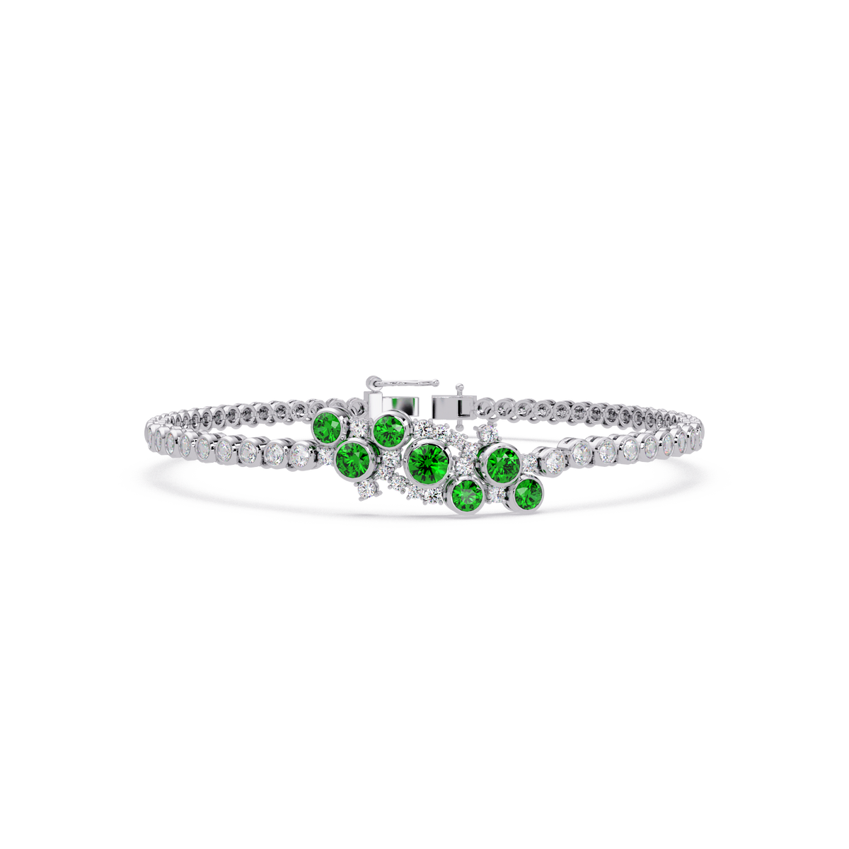 Round colorstone cluster and pavé link bracelet in white gold with green stones