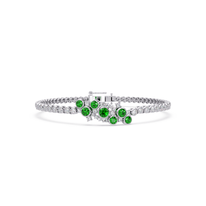 Round colorstone cluster and pavé link bracelet in white gold with green stones
