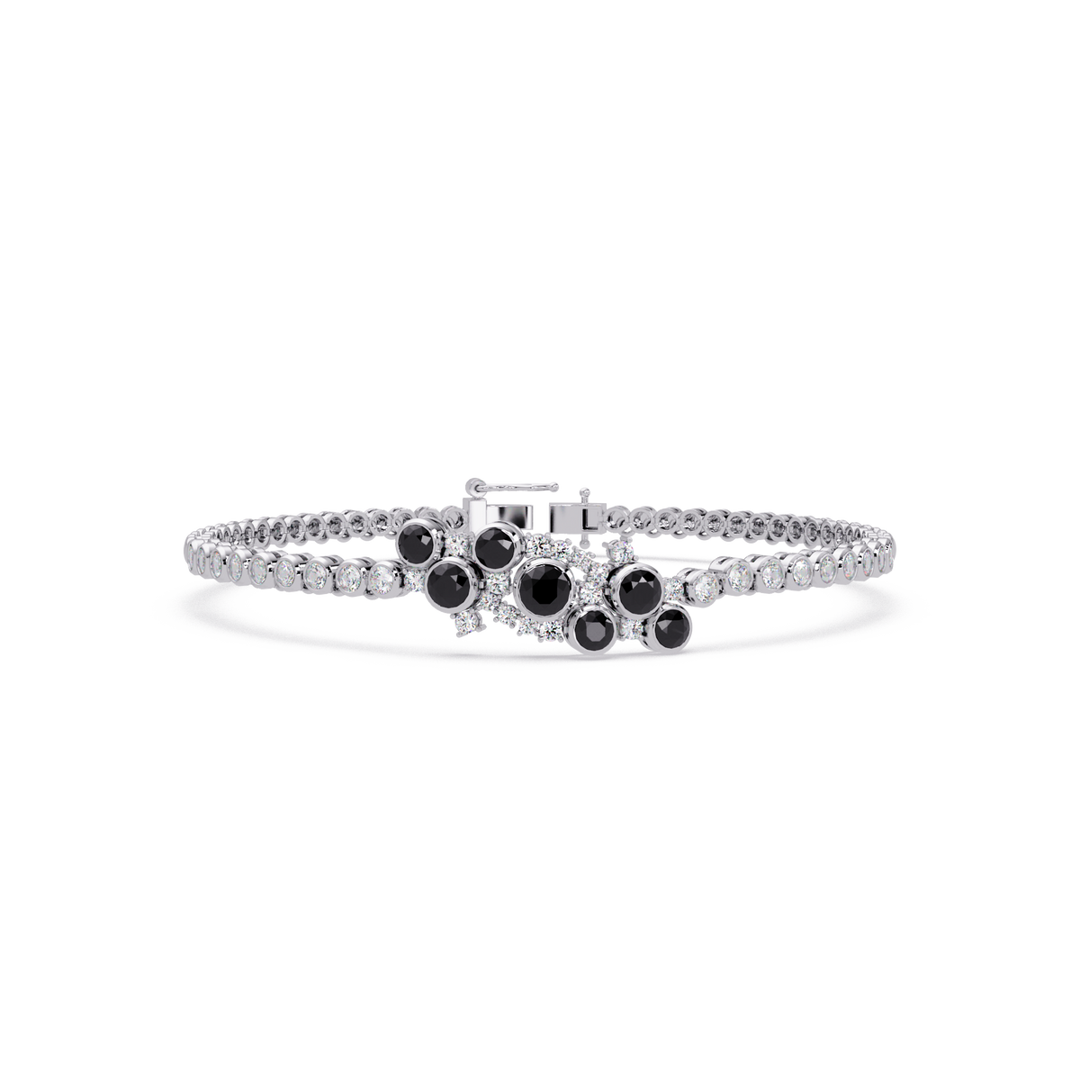 Round colorstone cluster and pavé link bracelet in white gold with onyx stones
