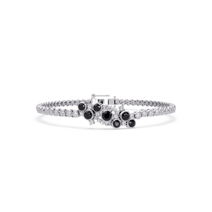 Round colorstone cluster and pavé link bracelet in white gold with onyx stones