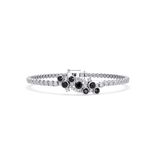 Round colorstone cluster and pavé link bracelet in white gold with onyx stones