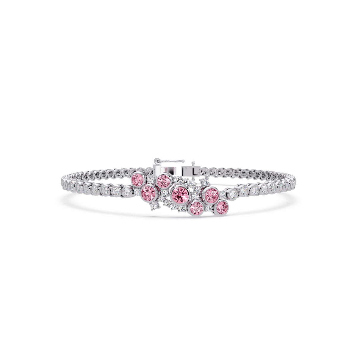 Round colorstone cluster and pavé link bracelet in white gold with pink stones