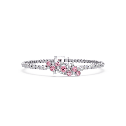 Round colorstone cluster and pavé link bracelet in white gold with pink stones