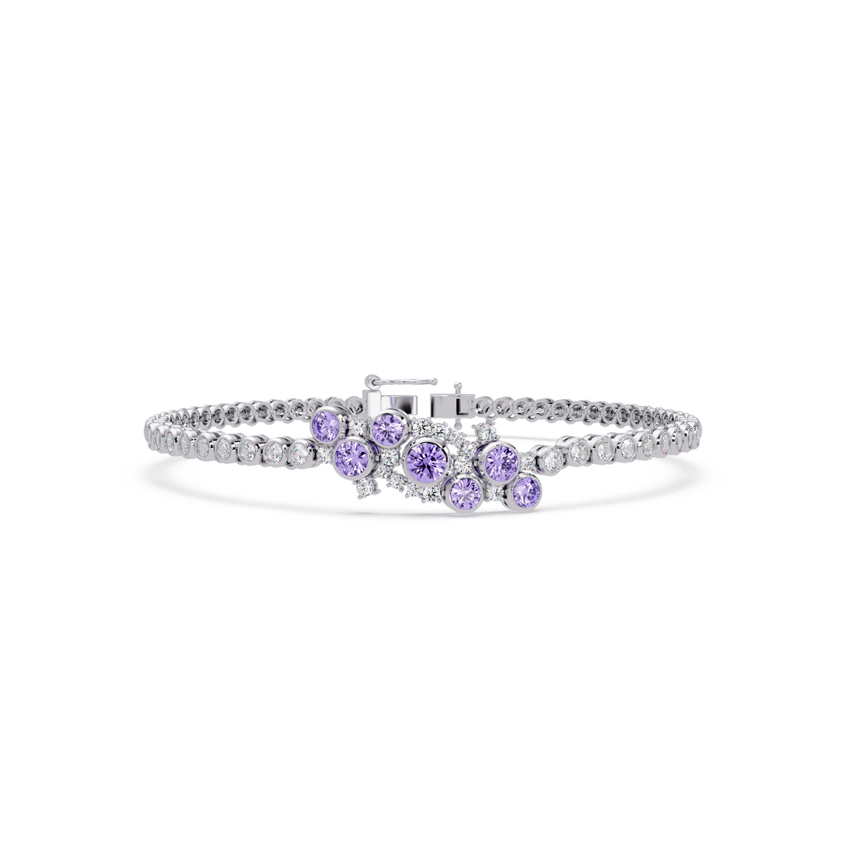 Round colorstone cluster and pavé link bracelet in white gold with purple stones
