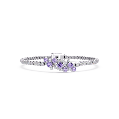 Round colorstone cluster and pavé link bracelet in white gold with purple stones