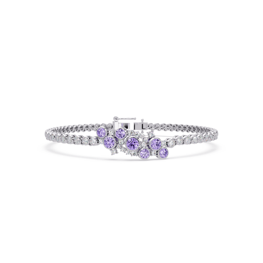 Round colorstone cluster and pavé link bracelet in white gold with purple stones