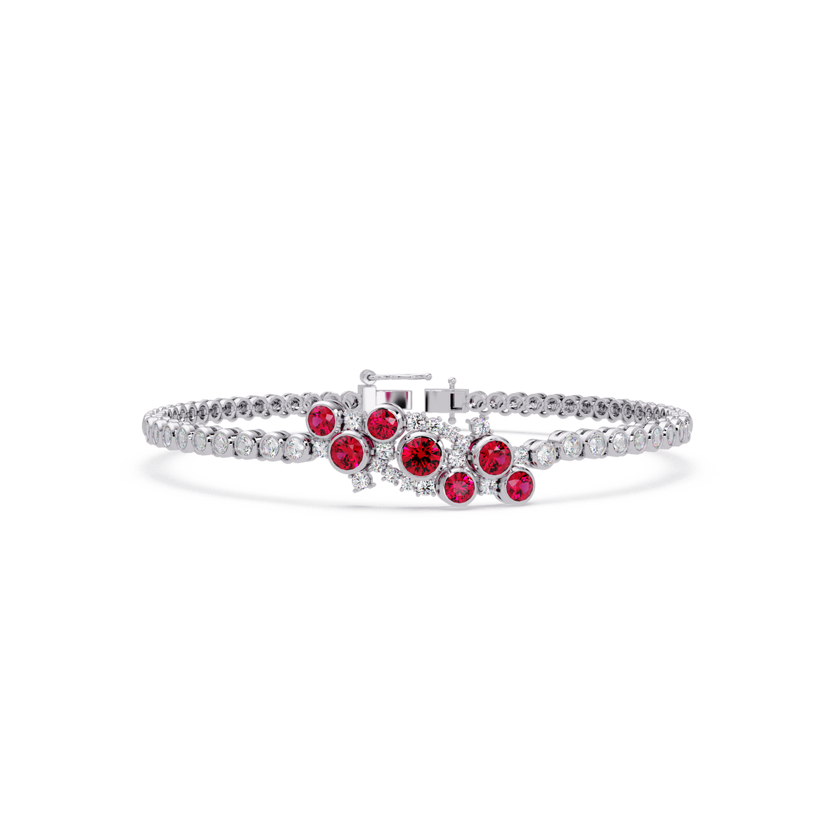 Round colorstone cluster and pavé link bracelet in white gold with red stones