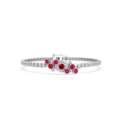 Round colorstone cluster and pavé link bracelet in white gold with red stones