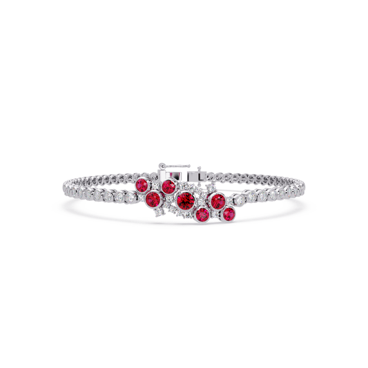 Round colorstone cluster and pavé link bracelet in white gold with red stones