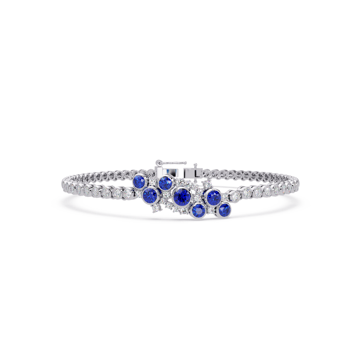 Round colorstone cluster and pavé link bracelet in white gold with sapphire stones