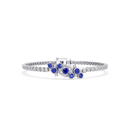 Round colorstone cluster and pavé link bracelet in white gold with sapphire stones