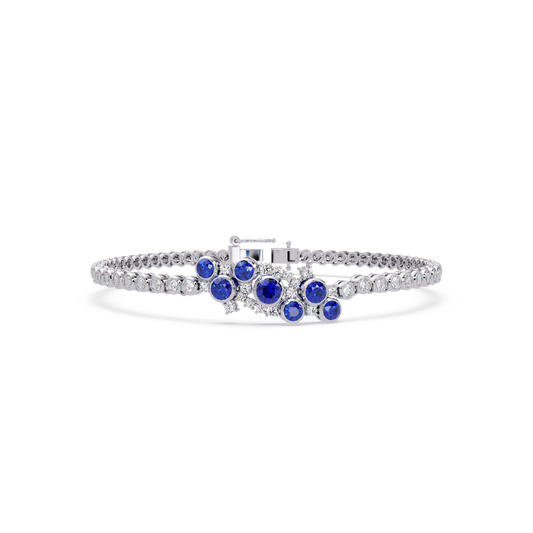 Round colorstone cluster and pavé link bracelet in white gold with sapphire stones
