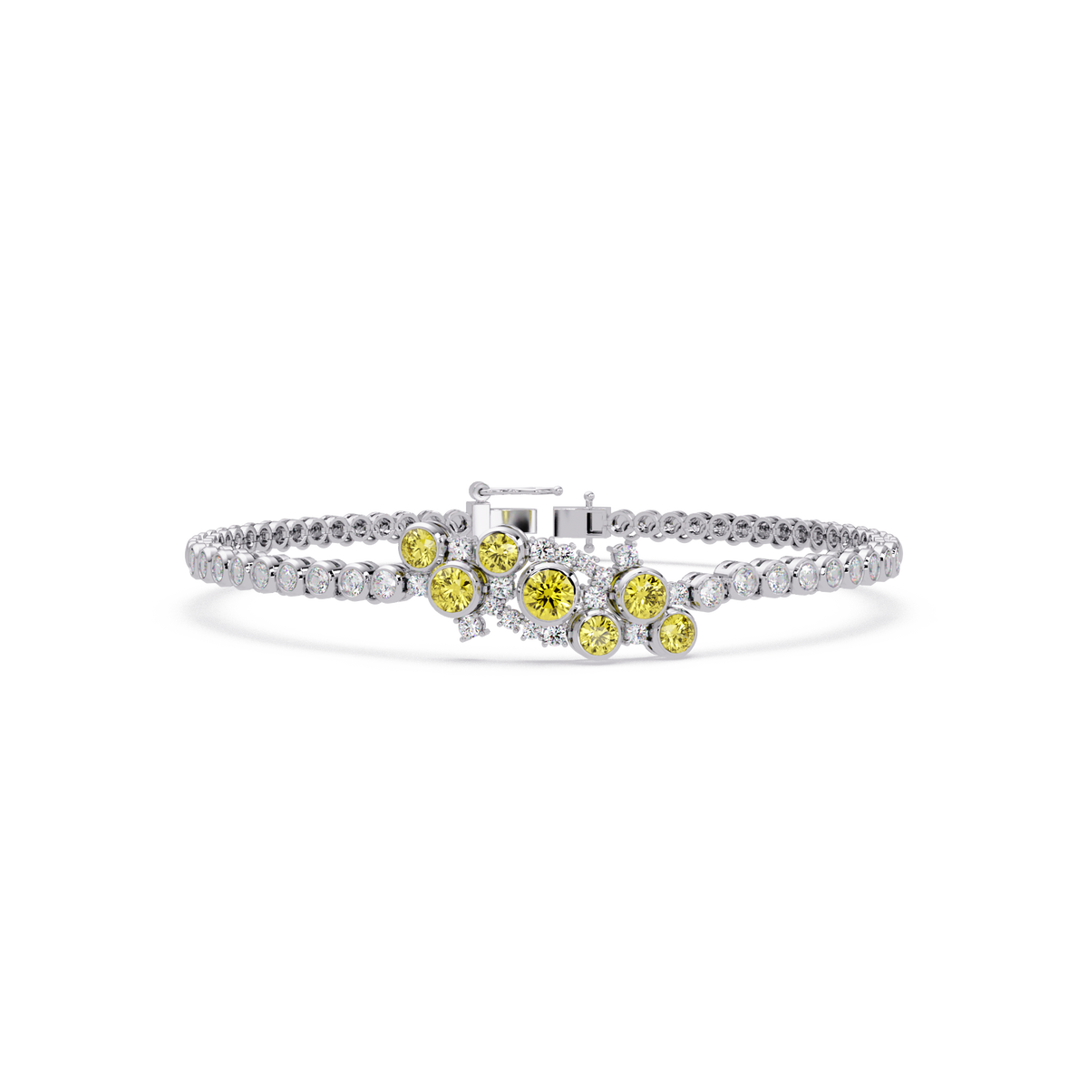 Round colorstone cluster and pavé link bracelet in white gold with yellow stones