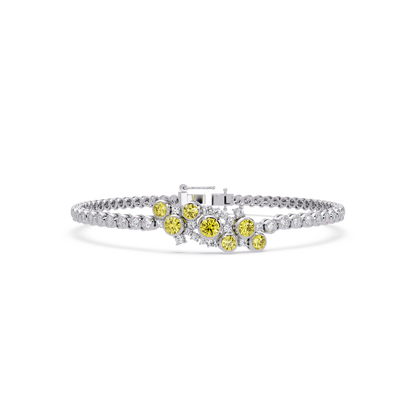 Round colorstone cluster and pavé link bracelet in white gold with yellow stones