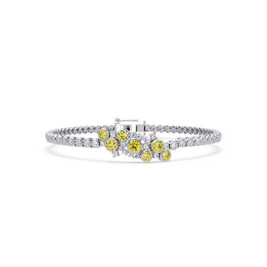 Round colorstone cluster and pavé link bracelet in white gold with yellow stones