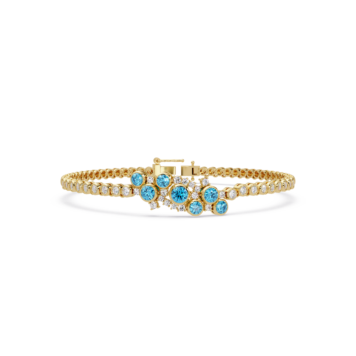 Round colorstone cluster and pavé link bracelet in yellow gold with aquamarine stones