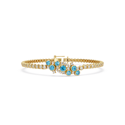 Round colorstone cluster and pavé link bracelet in yellow gold with aquamarine stones