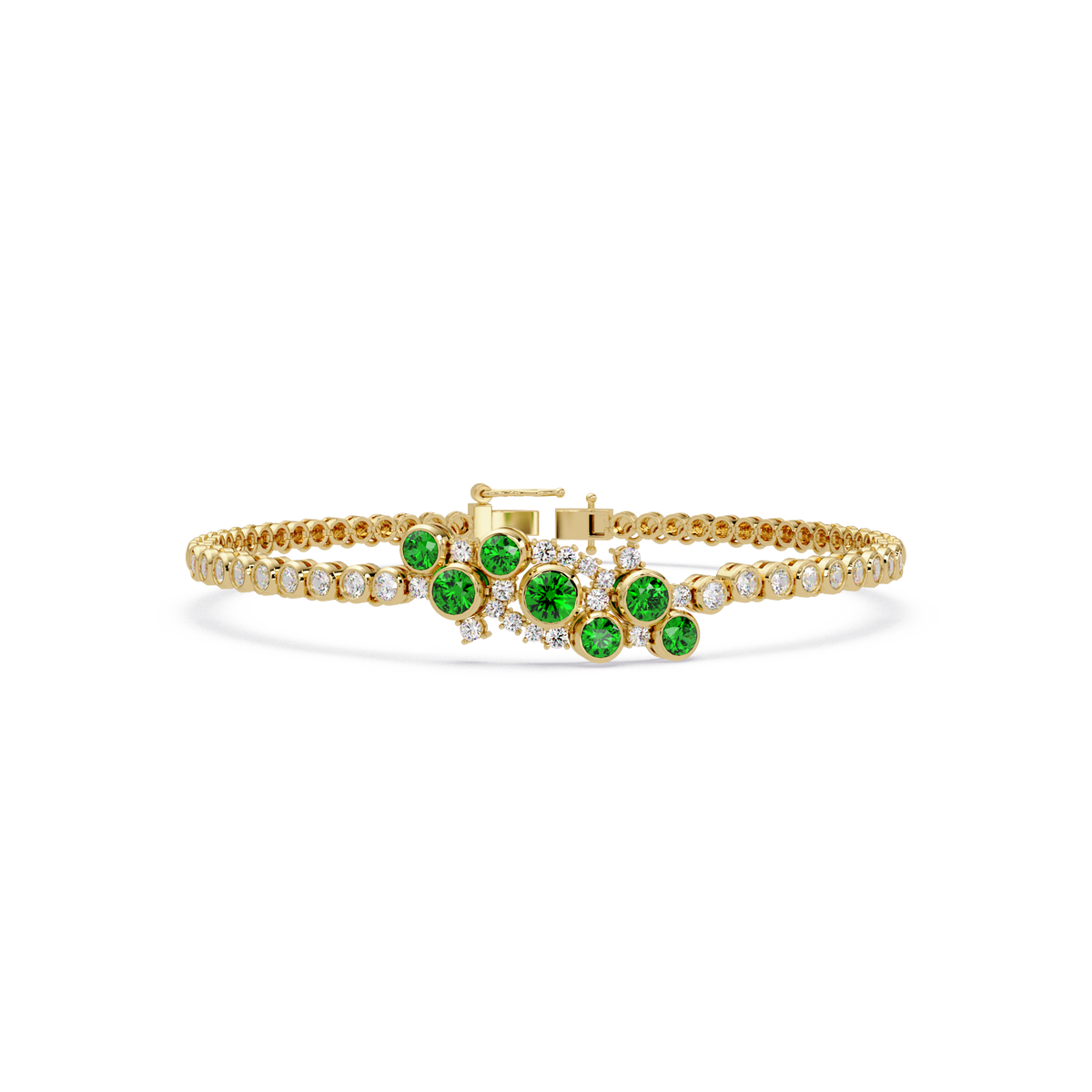 Round colorstone cluster and pavé link bracelet in yellow gold with green stones