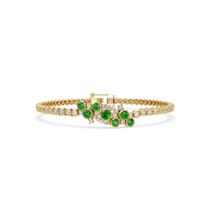 Round colorstone cluster and pavé link bracelet in yellow gold with green stones
