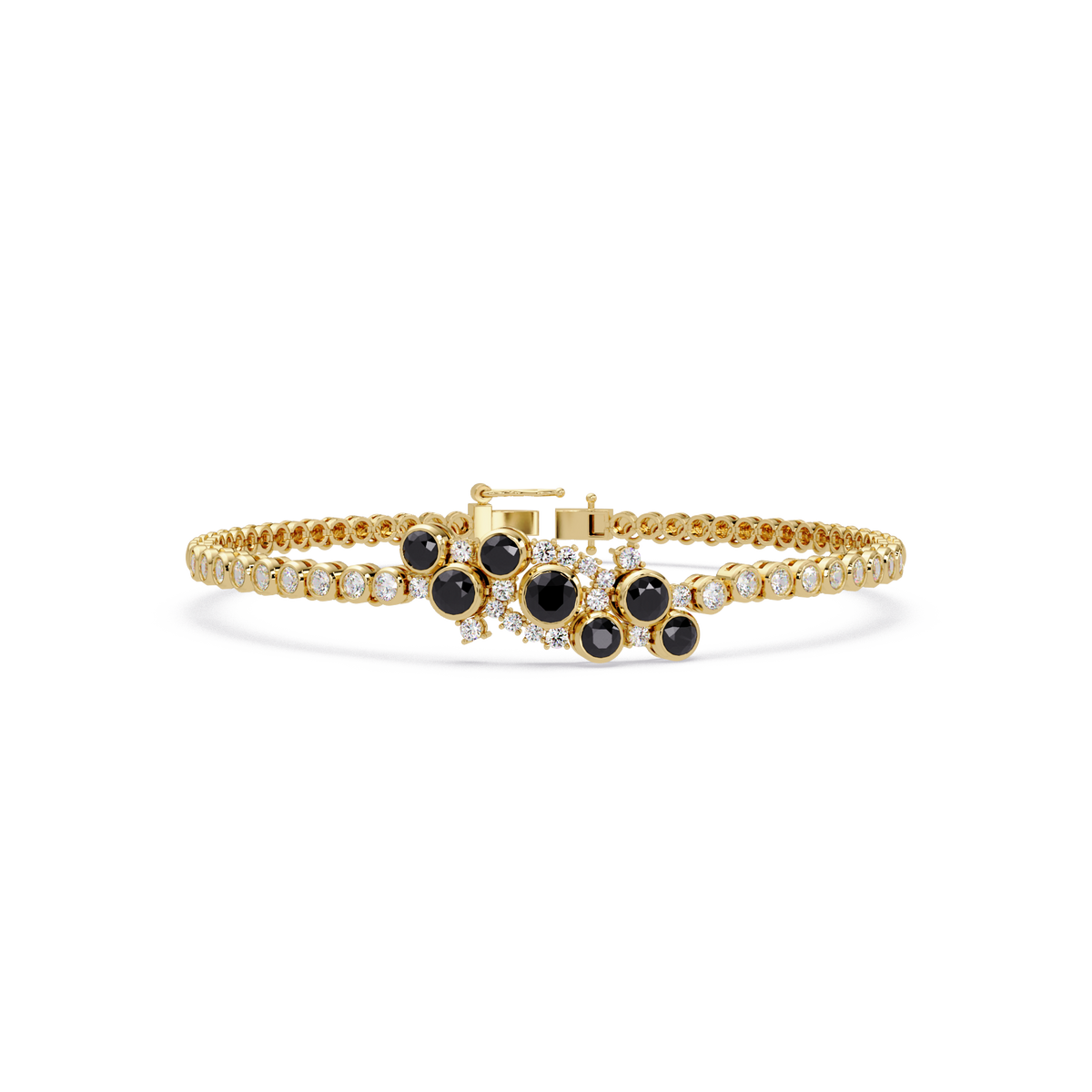 Round colorstone cluster and pavé link bracelet in yellow gold with onyx stones