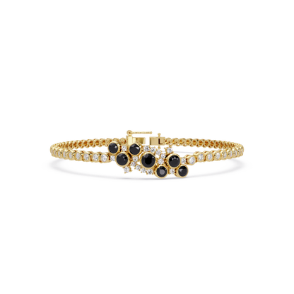 Round colorstone cluster and pavé link bracelet in yellow gold with onyx stones