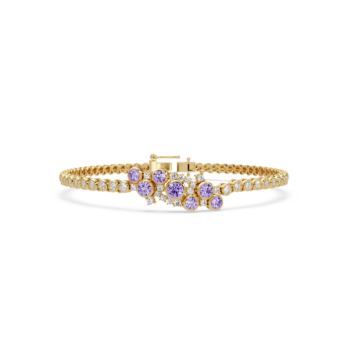 Round colorstone cluster and pavé link bracelet in yellow gold with purple stones