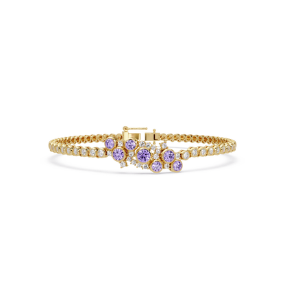 Round colorstone cluster and pavé link bracelet in yellow gold with purple stones