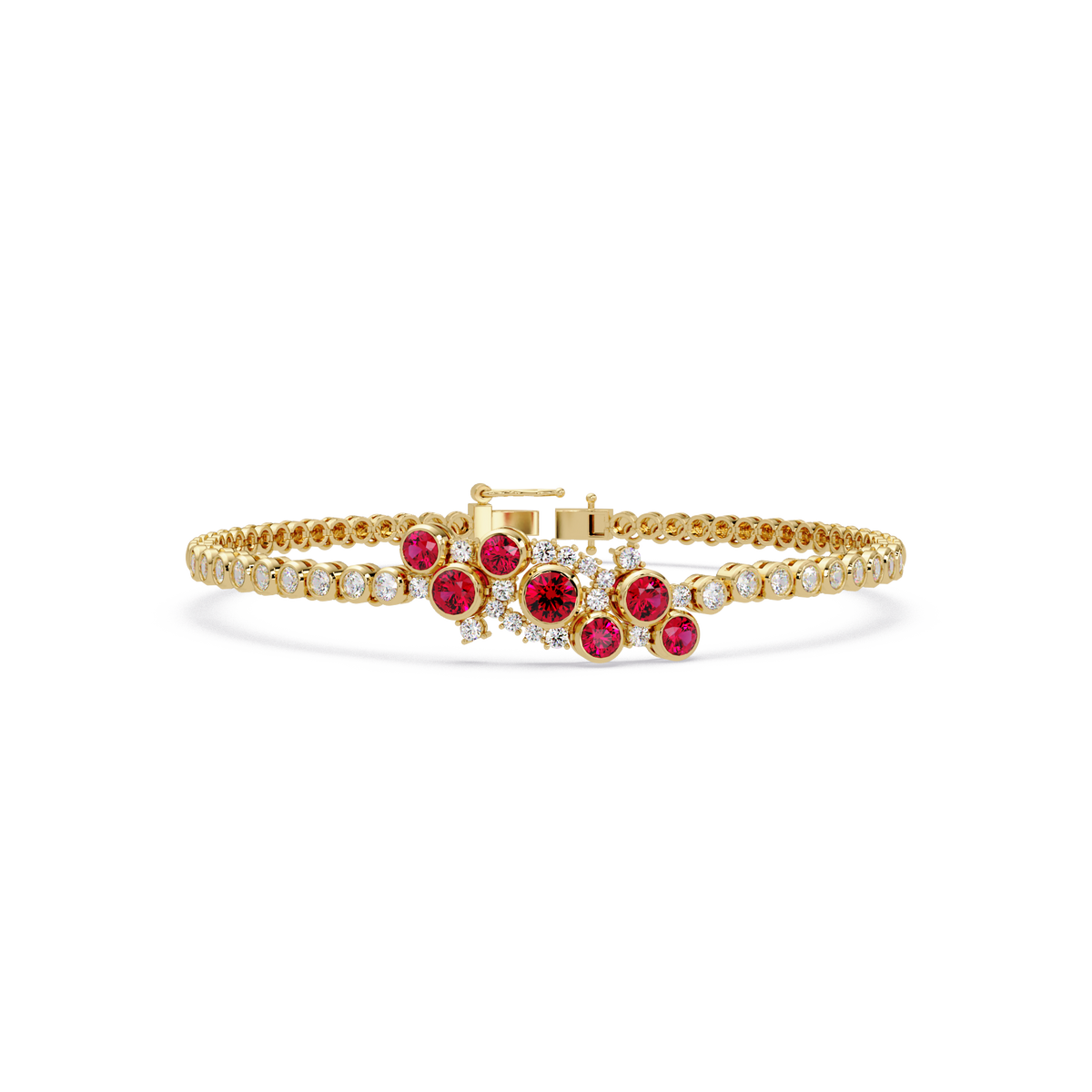 Round colorstone cluster and pavé link bracelet in yellow gold with red stones