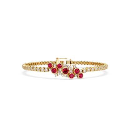 Round colorstone cluster and pavé link bracelet in yellow gold with red stones