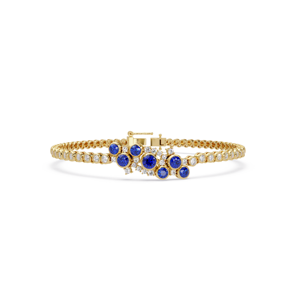 Round colorstone cluster and pavé link bracelet in yellow gold with sapphire stones