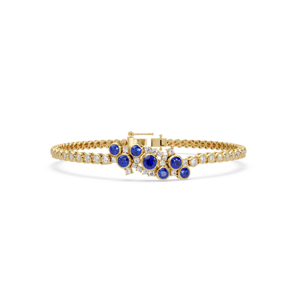 Round colorstone cluster and pavé link bracelet in yellow gold with sapphire stones