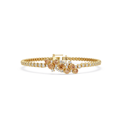 Round colorstone cluster and pavé link bracelet in yellow gold with topaz stones