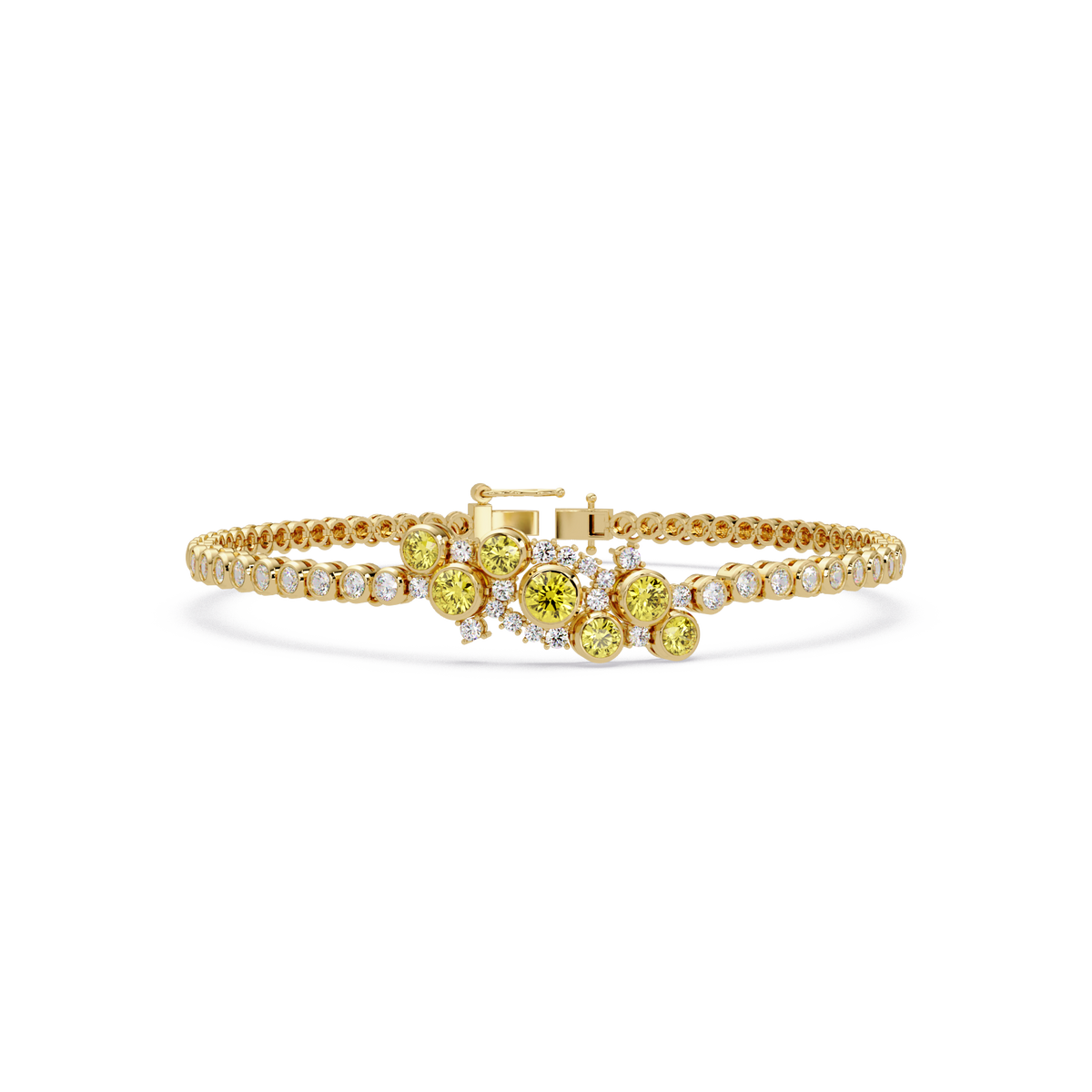 Round colorstone cluster and pavé link bracelet in yellow gold with yellow stones