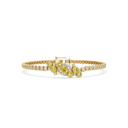 Round colorstone cluster and pavé link bracelet in yellow gold with yellow stones