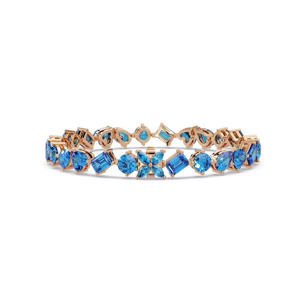 Five-shape aquamarine blue colorstone tennis bracelet in rose gold
