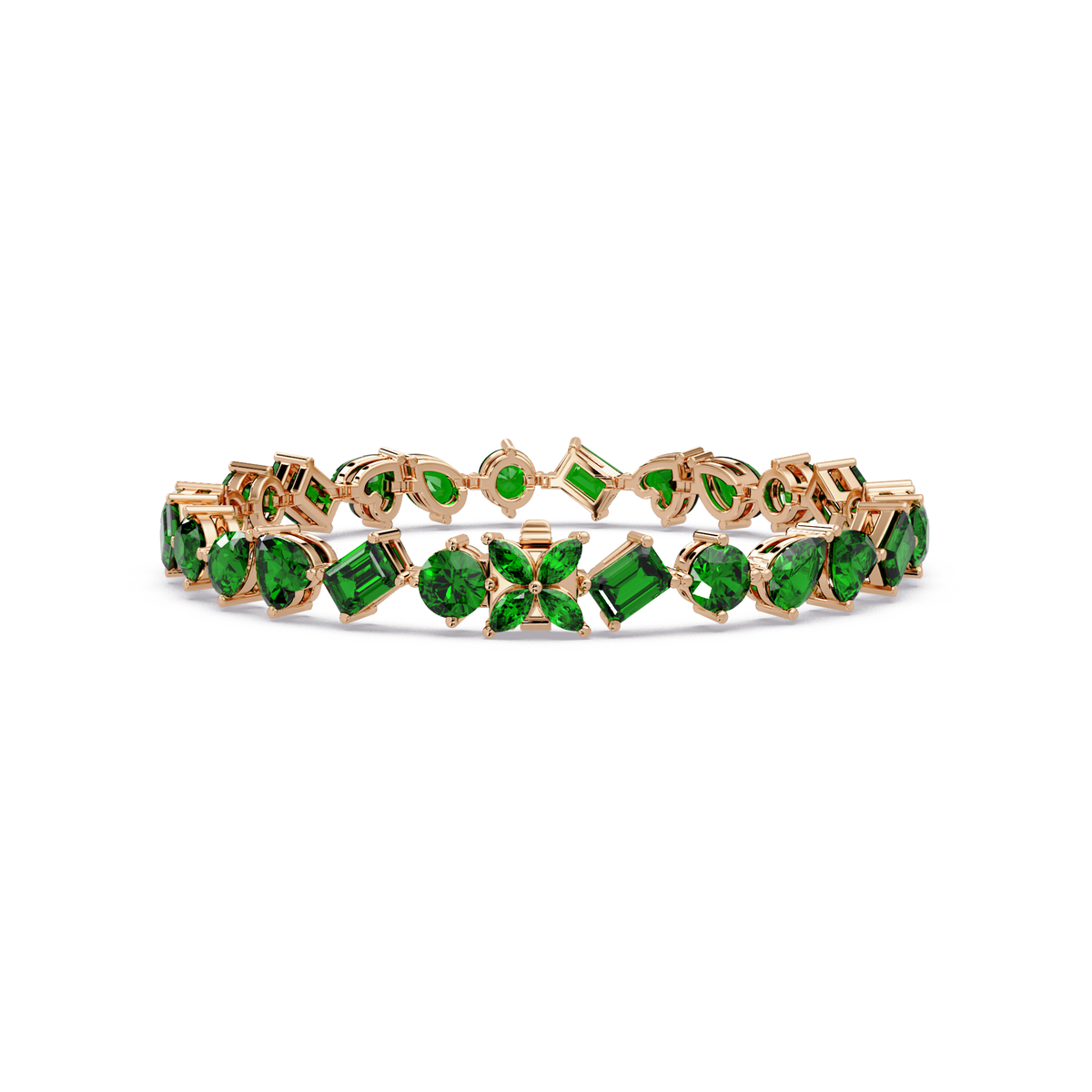 Five-shape emerald green colorstone tennis bracelet in rose gold