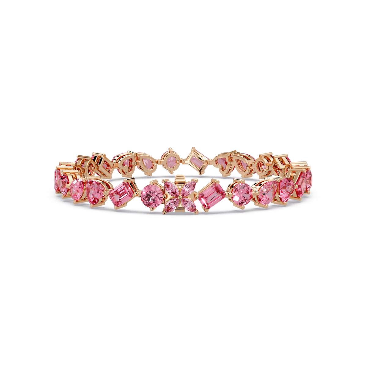 Five-shape tourmaline pink colorstone tennis bracelet in rose gold