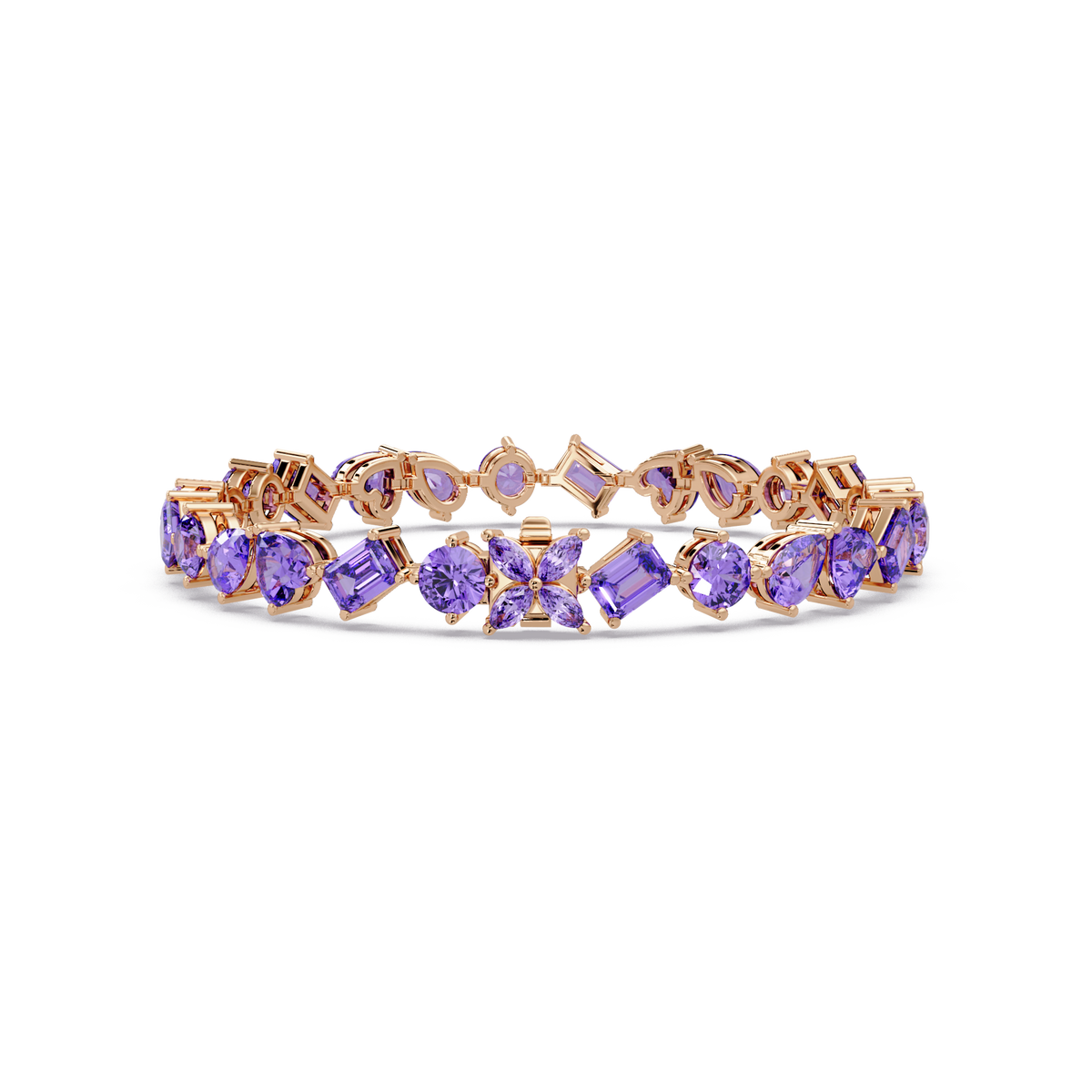 Five-shape amethyst purple colorstone tennis bracelet in rose gold