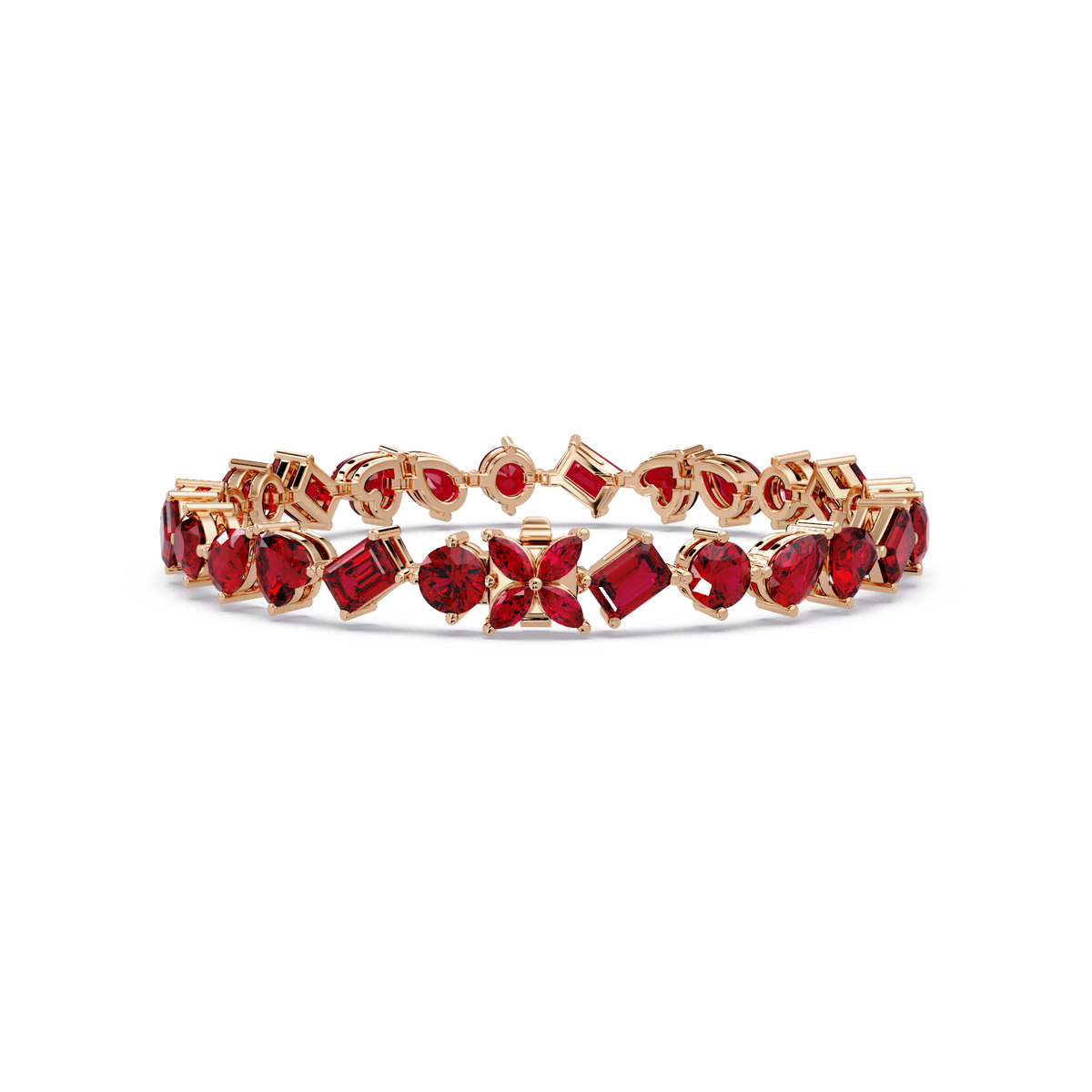Five-shape ruby red colorstone tennis bracelet in rose gold