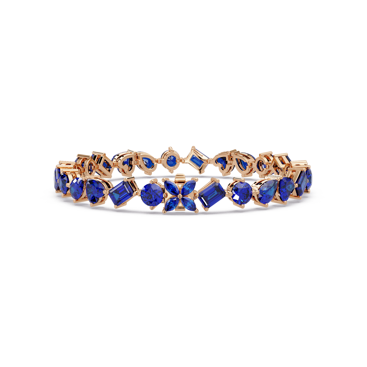 Five-shape sapphire blue colorstone tennis bracelet in rose gold